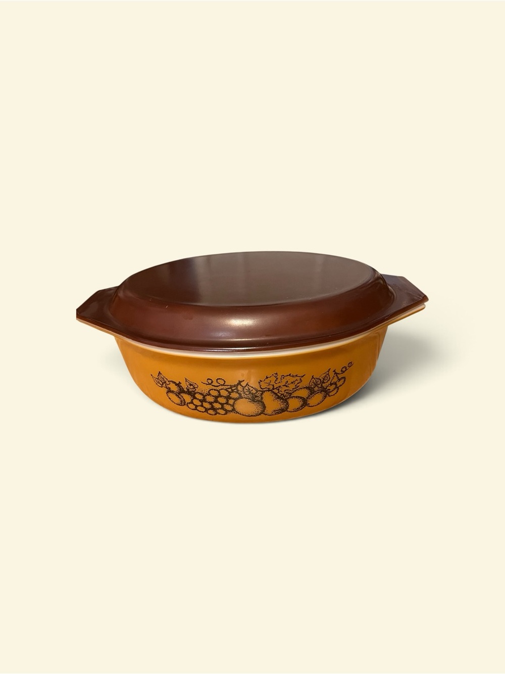 Pyrex Orange Casserole with Brown Lid and Fruit Motif 2.5 Quart